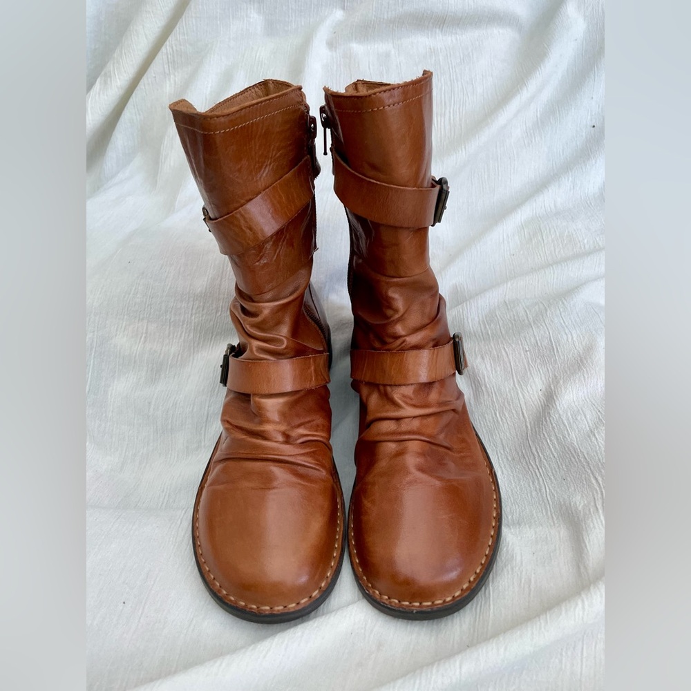 Miz Mooz Brown Mid-calf Ruched Soft Leather Boots with Buckles, Pasha, wide